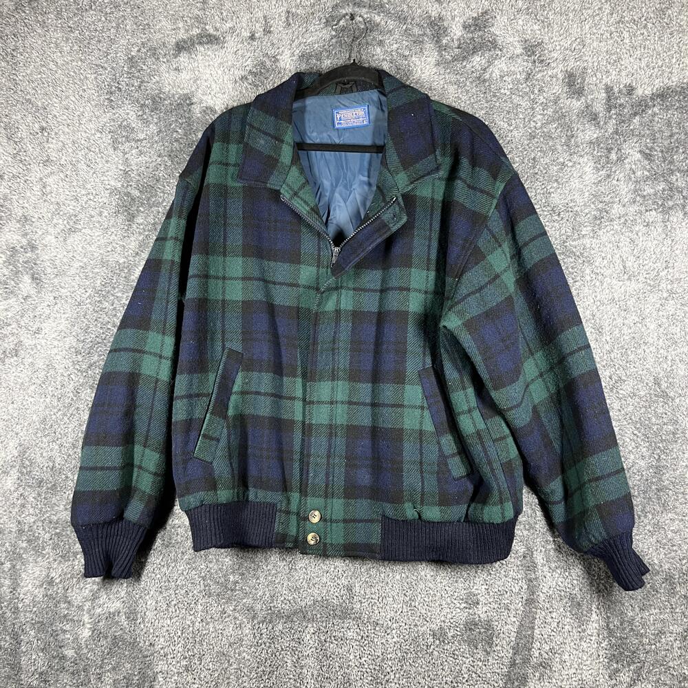 Pendleton Jacket Mens L Green Plaid Wool Tweed Bomber Lined Full Zip Collared